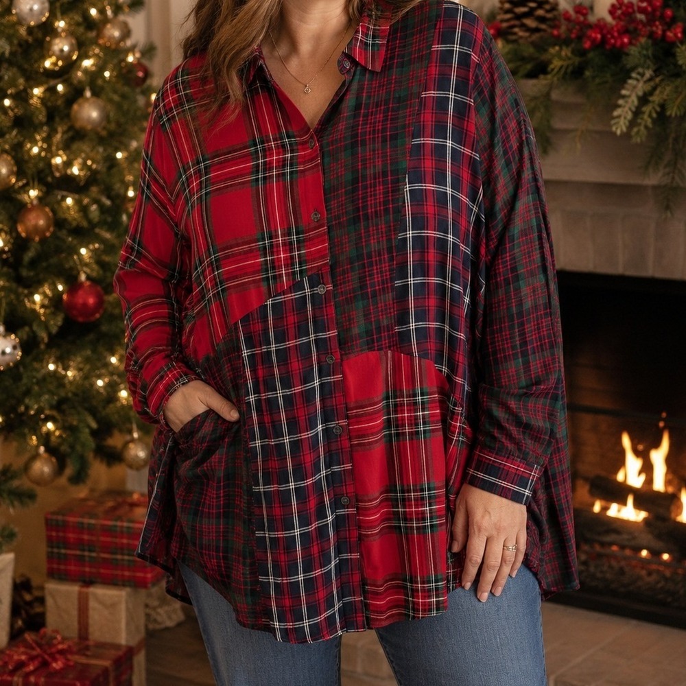 J. Jill Button Down Tunic Shirt Womens XL Plaid Patchwork Cotton Red Holiday